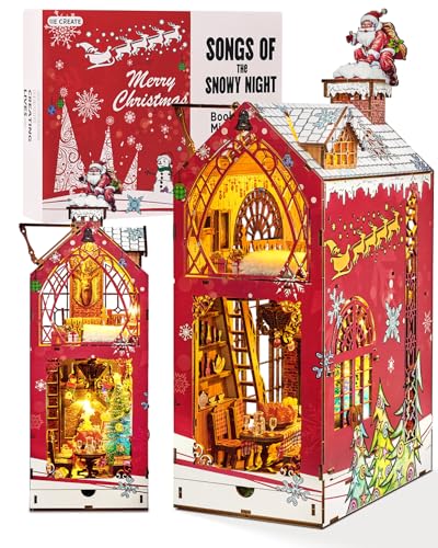 Morefün Magic Book Nook Kit Mit Staubschutzhülle,DIY Miniatur Haus Mit Musik und LED LichtHolz Puppenhäuser, 3D Puzzle Bücherecke Bücherregaleinsatz Diorama (Lieder der verschneiten Nacht) von Morefün