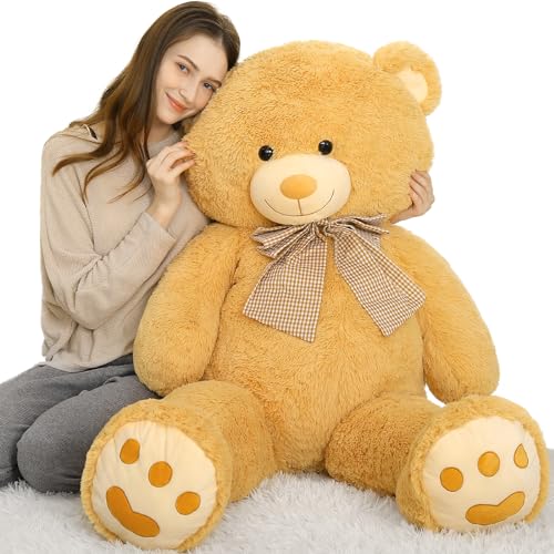 MorisMos 1.5M Riesiger Brauner Teddybär Stofftier Großer Teddybär Plüschtier mit Fußabdrücken und Schleife, Geschenk für Freundin Frau Mädchen am Geburtstag Valentinstag Weihnachten Babyparty Dekor von MorisMos