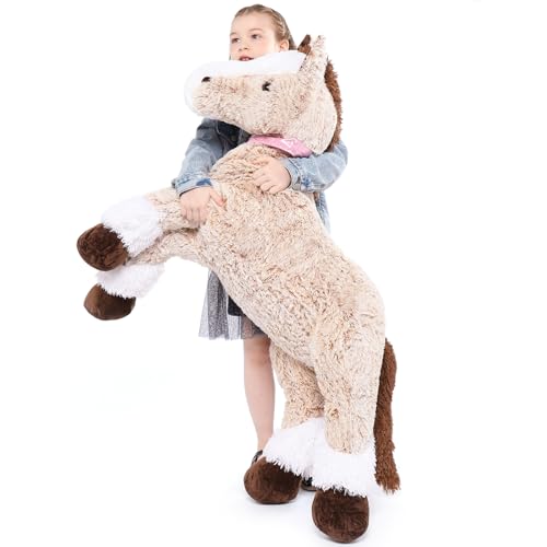 MorisMos 120cm lang riesen Pferd Kuscheltier XXL,Hellbraun groß Pony Pferd Plüschtier Stofftier,Geburtstag Weihnachten Geschenk Kinder Baby von MorisMos