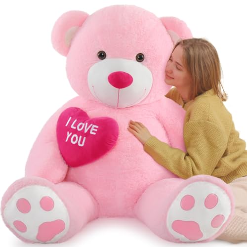 MorisMos 130cm Teddybär groß XXL mit Herz I Love You - Rosa riesen Teddys Plüschbär Kuschelbär, Bär XXL Gefüllt Mädchen Freundin Geschenk von MorisMos