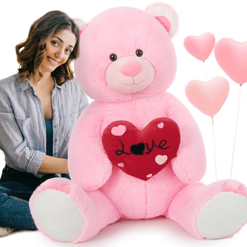 MorisMos 130cm riesen Teddy mit Herz,Rosa groß teddybär XXL, weich Kuschelbär XXXL, Liebesgeschenk für Freundin Mädchen Partnerin Ehefrau von MorisMos