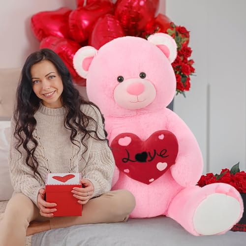 MorisMos 130cm riesen Teddy mit Herz,Rosa groß teddybär XXL, weich Kuschelbär XXXL, Liebesgeschenk für Freundin Mädchen Partnerin Ehefrau von MorisMos