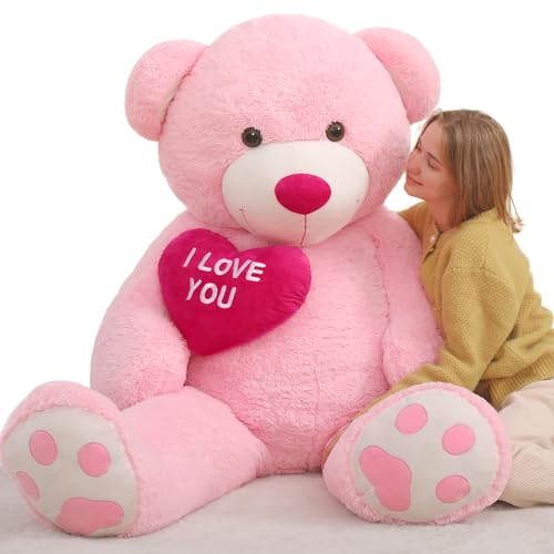 MorisMos 183cm Rosa Riesen Teddy mit Herz Rot- I Love You, weich Teddybär groß XXL, Geschenk Valentinstag Liebesgeschenk Kuschelbär Mädchen Freundin Partnerin Ehefrau Kinder von MorisMos