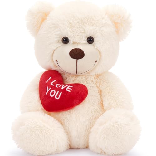 MorisMos 30cm (Höhe) Süß Teddybär klein mit Herz Rot- I Love You, Beige Plüschbär Kuschelbär zum Verlieben als liebevoll Geschenk Mädchen Freundin von MorisMos