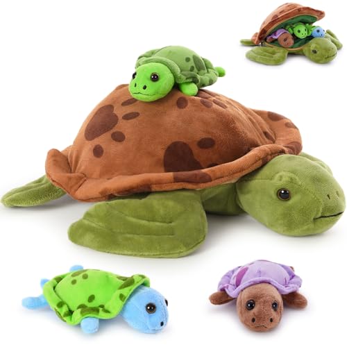 MorisMos 32cm Plüsch Kuscheltier Schildkröte mit 3 Baby im Panzer, 4 Stücke Süß Kuschelig Schildkröten Plüschtier Stofftier, Turtle Spielzeug Dekokissen für Geburtstag Themeparty Weihnachten Geschenk von MorisMos