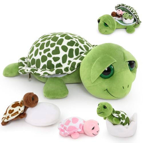 MorisMos 33cm groß Schildkröte Kuscheltier XXL mit 3 Babys im Panzer, weich Schildkröte Plüschtier Stofftier, Turtle Geburtstag Weihnachten Geschenk Kinder von MorisMos