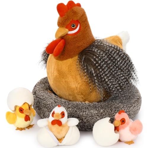 MorisMos 37cm hoch riesen Hahn Kuscheltier XXL, groß Hahn Stofftier XXL mit 3 Küken Baby im Ei, chickenteddy Plüsch-Chicken küken im Korb,Geschenk Kinder von MorisMos