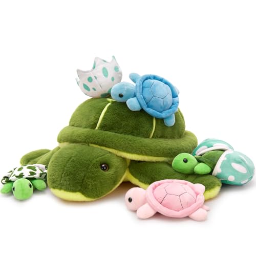 MorisMos 45cm Plüsch Kuscheltier Schildkröte mit 4 Baby im Panzer, 7 Stücke Süß Kuschelig Schildkröten Plüschtier Stofftier, Turtle Kinder Geschenk für Geburtstag Themeparty von MorisMos