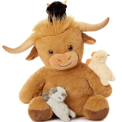 MorisMos 45cm riesen Hochlandrind Kuscheltiere mit 3 Babys im Bauch, Darkbrown groß PlüschKuh Rind Kuscheltiere XXL,Highland Cow Stofftier Spielzeug von MorisMos