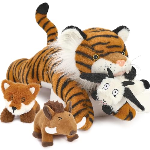 MorisMos 50cm lang riesen Tiger Kuscheltier XXL mit klein Plüsch Ferkel,Fuchs und Lamm im Bauch, weich Magnet Tiger Plüschtier Stofftier für Kinder Baby von MorisMos