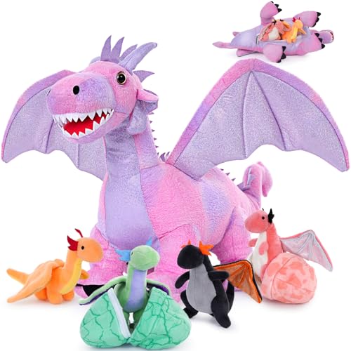 MorisMos 55cm Drache Kuscheltier XXL mit Baby im Bauch, Rosa Groß Plüschdrache Stofftier,Plüschtier Dragor Dragon Teddys Geschenk für Jungen von MorisMos