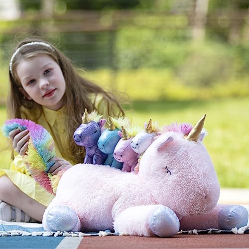 MorisMos 55cm Einhorn Kuscheltier XXL, groß Einhorn stofftier mit 4 Babys im Bauch, weich 5 in 1 kuschelig Spielpferd Einhorn Puppe Dekokissen für Kinder Jungen (Rosa) von MorisMos