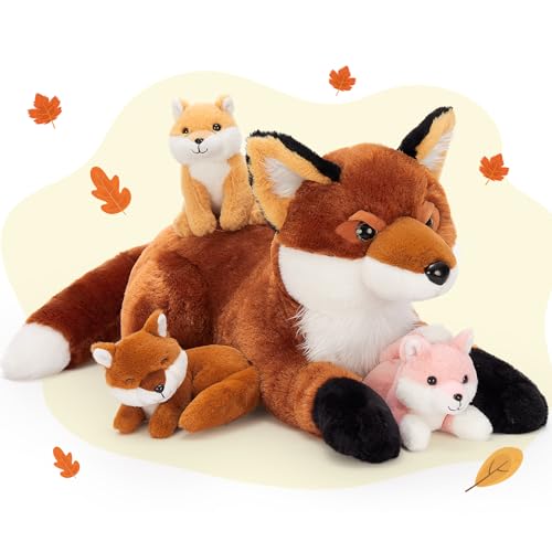 MorisMos 55cm Fuchs Kuscheltier XXL mit 3 Babys im Bauch, weich Fuchs Fox Plüschtier Stofftier als Geschenk für Jungen von MorisMos