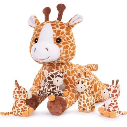 MorisMos 55cm lang riesen Giraffe Kuscheltier groß, Giraffe Stofftier XXL mit 4 Plüschbaby im Bauch, liegend Plüsch Hirsch Rehteddy,Geschenk Kinder Mädchen Jungen von MorisMos