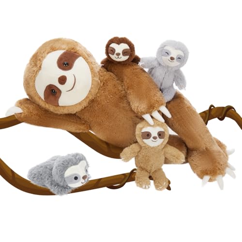 MorisMos 56cm riesen Faultier Kuscheltier XXL mit 4 Babys, weich groß Faultier Plüschtier Stofftier Puppe als Geschenk für Babys Mädchen von MorisMos