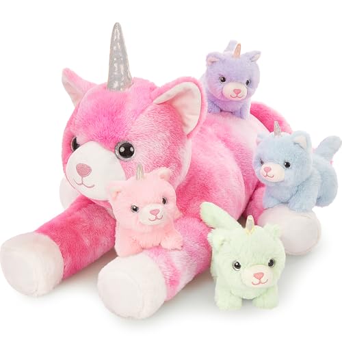 MorisMos 60cm riesen Katze Einhorn Kuscheltier XXL mit 4 Baby im Bauch, groß Einhorn Plüschtier Stofftier, weihnachtsgenschenk Kinder Mädchen von MorisMos