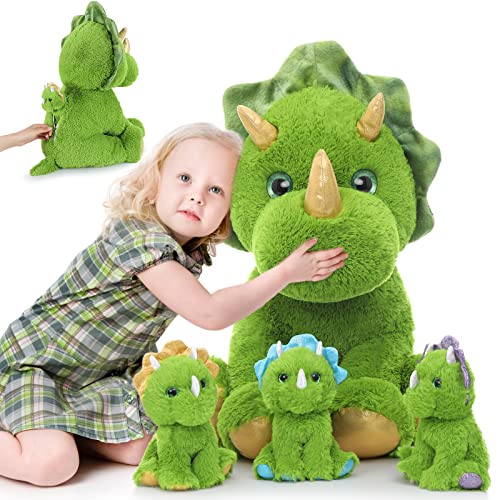 MorisMos 62cm hoch sitzend Dino Kuscheltier XXL mit 3 Plüschbaby im Bauch, Grün riesen Triceratops Stofftier Plüschtier groß, Weihnachten Geburtstag Geschenk Kinder Mädchen von MorisMos