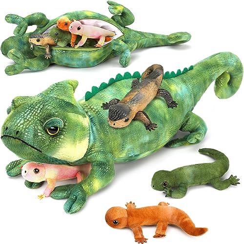 MorisMos 68cm lang Riesen Eidechse Kuscheltier mit 4 Babys im Bauch, Grün Groß PlüschEidechse Kuscheltiere XXL, eidechsen Flauschiger Stofftier Plüschtier Lizard Teddys Jungen Gebutstag Geschenk von MorisMos