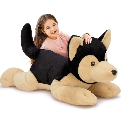 MorisMos 80cm liegend Schäferhund Kuscheltier XXL,Schwarz groß riesen Hund Plüschtier Stofftier, Geburtstag Weihnachten Geschenk Kinder Baby von MorisMos