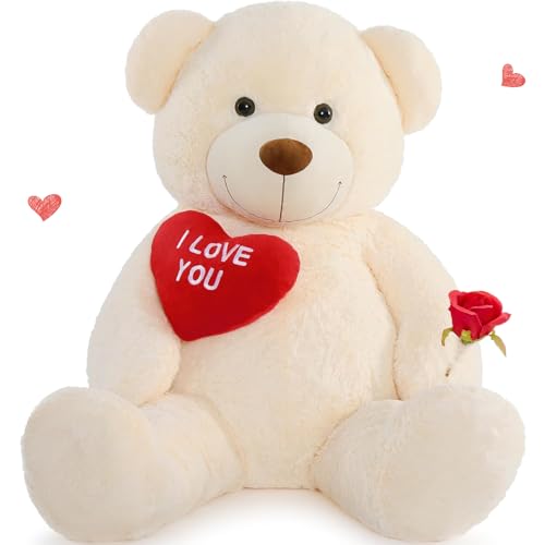 MorisMos 90cm Süß Teddybär groß XXL mit Rot Herz I Love You, Beige Riesen Teddy Bär als Geburtstag Weihnachten Geschenk für Kinder Baby von MorisMos