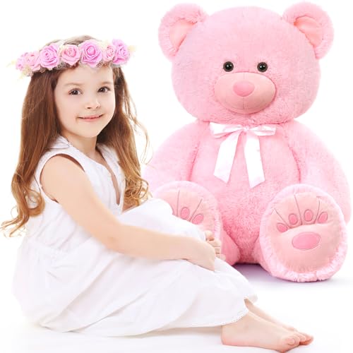 MorisMos 90cm weich Teddybär groß XXL, Rosa Süß Kuschelbär Plüschbär Geburtstag Geschenk für Kinder Baby Mädchen von MorisMos