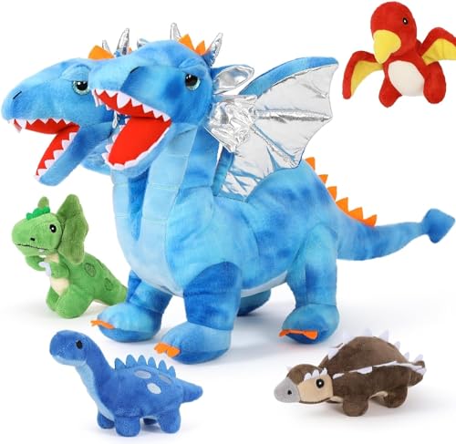 MorisMos 2-Köpfe riesen Drache Kuscheltier mit 4 kleinbaby im Bauch, 55cm hoch groß Plüschtier Drachen XXL stofftier,blau weich plüschdrachenteddy Weihnachten Geburtstag Geschenk Kinder Jungen von MorisMos