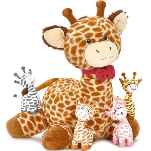 MorisMos riesen Giraffe Kuscheltier XXL mit 4 Plüsch Giraffe Baby im Bauch, 50cm hoch sitzend riesen Giraffe Stofftier Plüschtiere, Geschenk für Mädchen Kinder Baby Geburtstag Weihnachten von MorisMos