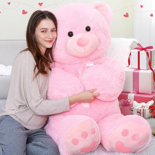 MorisMos Rosa Teddybär groß, 1.2m Riesen Teddy Kuscheltier XXL, Flauschiger Teddy Bär Stofftier Plüschtier, Plüschbär mit Fußspur, Freundin, Mädchen von MorisMos