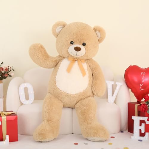 MorisMos Teddybär groß XXL Kuscheltier, 130cm Riesen Teddy Bär mit Schleife, flauschig Stofftier Plüschtier Spielzeug Tedi Bären Geschenk für Babys, Perfekt für Weihnachten Neujahr (Hellbraun) von MorisMos