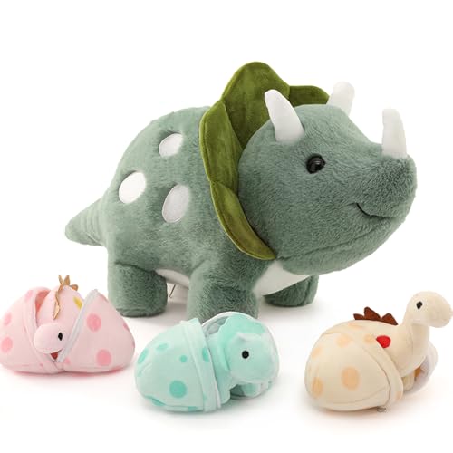 MorisMos 45cm Dino Kuscheltier XXL, riesen Triceratops Kuscheltiere mit 3 Baby im Bauch, Weich gefülltes Dinosaurier Stofftier Spielzeug Kissen Puppe Geburtstag Geschenke für Kinder von MorisMos