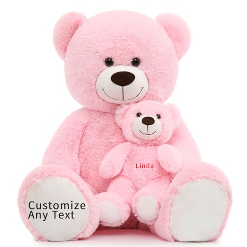 MorisMos Weihnachts Personalisiert Geschenk,100cm riesen Teddy mit Namen oder Wunschtext, Rosa groß Teddybär XXL mit BabyPlüschbär Kuschelbär von MorisMos