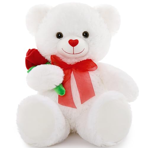 MorisMos klein Teddy mit Rose Blumen, 50cm weiß Teddybär Plüschteddy Kuschelbär, Schmusetier Mädchen von MorisMos