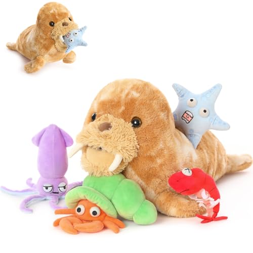 MorisMos riesen Plüsch Walroß Kuscheltier XXL mit 4 Meerestiere (Seestern Languste Krabbe Krake), 45cm lang braun Walross Stofftier Plüschtier als Geschenk Walrus Teddy von MorisMos