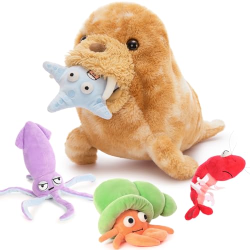 MorisMos riesen Plüsch Walroß Kuscheltier XXL mit 4 Meerestiere (Seestern Languste Krabbe Krake), 45cm lang braun Walross Stofftier Plüschtier als Geschenk Walrus Teddy von MorisMos