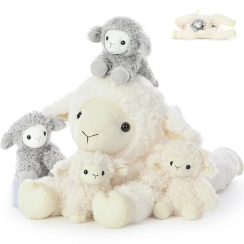 MorisMos riesen Schaf Kuscheltier XXL mit 4 Lämmer im Bauch, 50cm lang weich Schaf Plüschtier Stofftier, Sheep Lamb Weihnachten Geburtstag Geschenk Jungen Kinder Baby von MorisMos