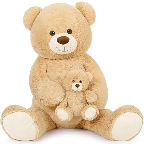 Riesen Teddy großer Teddybär mit Baby 100cm Teddybär groß XXL Kuscheltier Stofftiere Teddys Riesen Teddy Bear Plüschbär Kuschelbär Geburtstag Weihnachten Geschenk für Kinder Mädchen Hellbraun von MorisMos