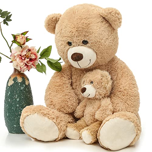 Riesen Teddy großer Teddybär mit Baby 100cm Teddybär groß XXL Kuscheltier Stofftiere Teddys Riesen Teddy Bear Plüschbär Kuschelbär Geburtstag Weihnachten Geschenk für Kinder Mädchen Hellbraun von MorisMos