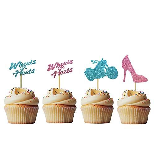 Morndew 24 Stück Blau Pink Glitzer Räder oder Fersen Cupcake Topper für Geschlecht Offenbarung Party Babyparty Geburtstag Party Dekorationen – Junge oder Mädchen – er oder sie von Morndew