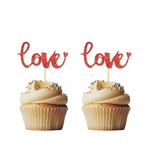 Morndew 24 Stück Glitzer Rot Love mit Pfeil Cupcake Topper für süße Valentinstag Party Hochzeit Verlobung Brautparty Geburtstag Party Dekorationen von Morndew