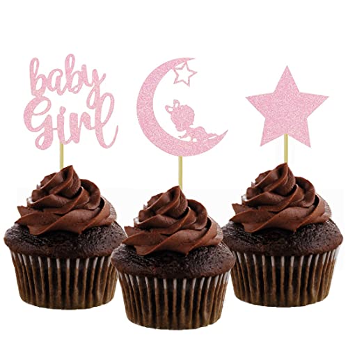 Morndew 24 Stück rosa Glitzer Baby Mädchen Mond Stern Cupcake Topper für Mädchen Geburtstag Party Geschlecht Enthüllung Party Baby Shower Dekorationen von Morndew