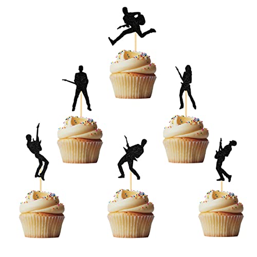 Morndew 24 Stück schwarze Glitzer Rock 'n' Roll Gitarre Cupcake Topper für Musik Thema Party 80er Jahre Motto Party Rock and Roll Motto Party Geburtstag Party Hochzeit Party Dekorationen von Morndew