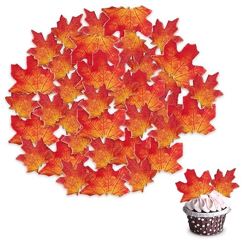 Morofme 50pcs essbare Herbstblätter Cupcake Toppers Ahornblätter Kuchen Toppers essbare Gold Blatt Cupcake Topper Wafer Papier Herbst Blatt Kuchen Dekorationen für Herbst Thanksgiving Party von Morofme