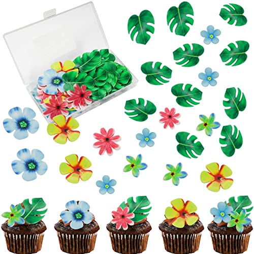 Morofme 83 Stück Essbare Tropische Schildkrötenblätter Blume Cupcake Topper Oblatenpapier Palmblatt Blume Tortenaufsatz Essbare Kuchen Dekoration für Hawaii Aloha Jungle Summer Theme Party von Morofme