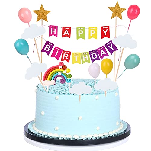 Morofme Regenbogen-Tortenaufsatz 13 Stück alles Gute zum Geburtstag Kuchen Flagge Banner bunt Regenbogen Wolken Ballon Kugel Kuchen Cupcake-Aufsatz bunte Regenbogen-Kuchendekoration von Morofme