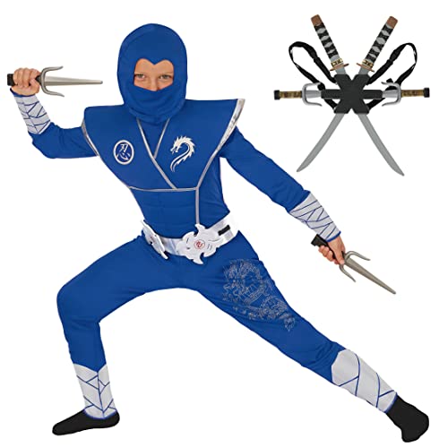 Morph Costume Ninja Kostüm Kinder, Ninja Kostüme Für Kinder, Karneval Kostüm Kinder Ninja, Kostüm Kinder Jungen Ninja, Silber/Blau Ninja Kostüm - 10-12 Jahre von Morph