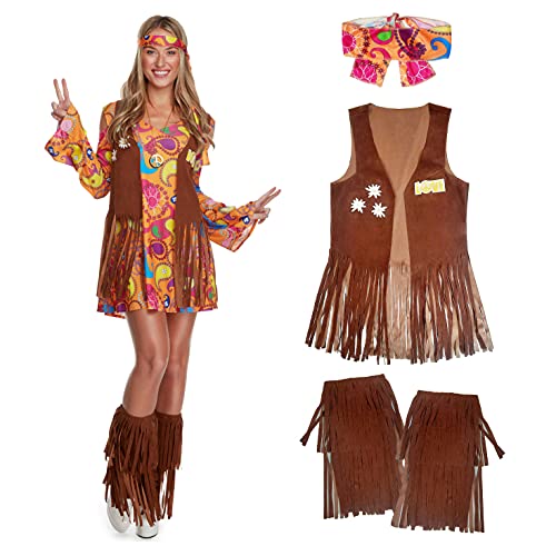 Morph Hippie Damen Kleid, Damen Kostüm Hippie, Zeitreise Kostüm Damen, Schlagermove Outfit Damen, 70er Mottoparty, Hippie Kostüm Damen, Schlager Outfit Damen - XXL von Morph