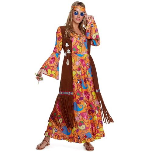 Morph Hippie Kostüm Damen Kleid, Hippie Kleidung Damen 70er Jahre, Kostüm Schlagerparty Damen, Kostüm Damen Hippie Kleid, 70 Jahre Kostüm Damen, 70er Jahre Kleider in 5 Größen erhältlich - XXL von Morph