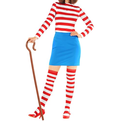 Morph Kostüm Geek, Rot-Weißes Kostüm, Gestreiftes Kostüm, Buchkostüm, Halloween Kostüm für Frauen, Damenkostüm für Karneval L von Morph