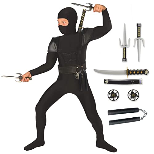 Morph Ninja Kostüm Kinder, Ninja Kostüm Kinder Schwarz, Ninja Kostüm Kinder Jungen, Ninja Kostüm Kinder Mädchen, Karneval Kostüm Kinder, Ninja Kostüm Jungen, Faschingskostüme Kinder - L von Morph