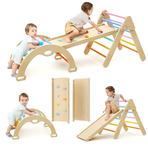 Mosebears Klettergerüst Indoor, Montessori kletterdreieck mit Rutsche, Kletterbogen, Stabilem Baby-Klettergerüst und Kletterdreieck von Mosebears